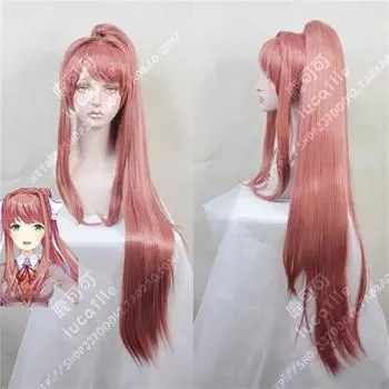 Высококачественный литературный клуб Doki Doki! Парик для косплея Моники DDLC, съемный хвост, длинные термостойкие волосы, парики + шапочка для парика + бант One Size