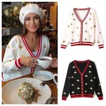 Высококачественный модельер с вышивкой пчелы, кардиган с длинным рукавом, однобортный, контрастного цвета, на пуговицах, вязаные свитера S белый