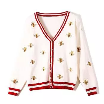 Высококачественный модный дизайнерский кардиган с вышивкой пчелы с длинным рукавом, однобортный контрастный цвет, вязаные свитера на пуговицах C-196 S белый