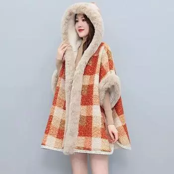 Высококачественный модный кардиган в клетку, пальто-плащ, женский новый стиль, теплая накидка, кардиган, осень и зима 2022, кардиган с длинными рукавами, пончо One Size оранжевый