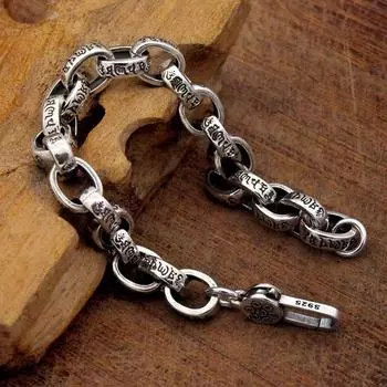 Высококачественный мужской браслет из стерлингового серебра 925 пробы, модные ювелирные изделия, мужские 18 см/20 см/22 см в стиле ретро, шестисимвольная цепочка-мантра, подарок 18cm