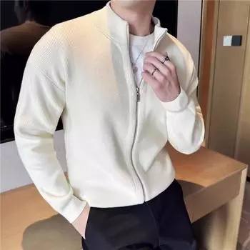 Высококачественный мужской вязаный кардиган осень-зима толстый облегающий свитер с воротником-стойкой на молнии однотонная верхняя одежда для мужчин L чёрный