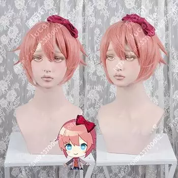 Высококачественный парик для косплея DDLC Doki Doki Literature Club Sayori, короткие розовые термостойкие синтетические волосы, парики в стиле аниме + красный бант One Size