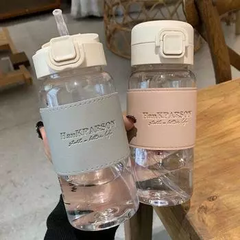 Высококачественный пластиковый термостакан для воды с трубочкой для студентов - японский стиль, термостойкий, дизайн унисекс 500ml [leather case + straw] синий