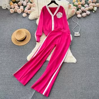 Высококачественный повседневный вязаный модный комплект знаменитостей для женщин, осенне-зимняя рубашка со свободными рукавами + драпированные брюки с высокой талией из двух предметов One Size бежевый