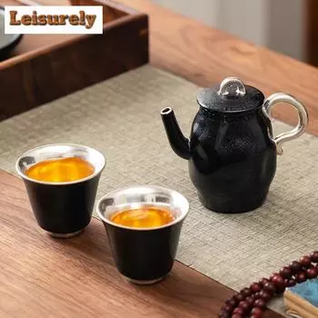 Высококачественный позолоченный серебряный черный чайный сервиз Tianmu, полный набор, набор для чайной церемонии, чайник и чайная чашка, коллекция предметов для чая, подарок