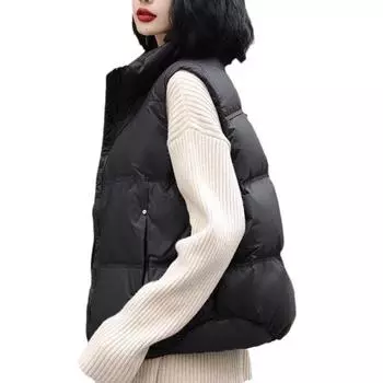 Высококачественный пуховый жилет для женщин, новинка зимы 2024 года, воротник-стойка, короткий, простой, свободный, универсальный, кокон-топ S чёрный