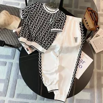 Высококачественный спортивный повседневный женский комплект в европейском стиле, модный утягивающий молодежный комплект из двух предметов с коротким рукавом и принтом XXL черный белый