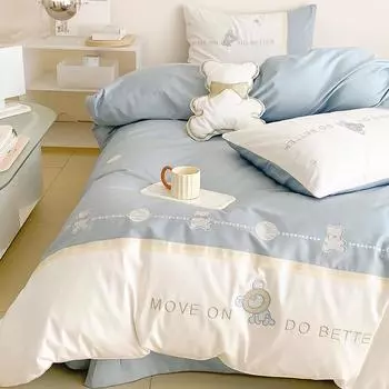 Высококачественный, свежий комплект из четырех предметов из чистого хлопка плотностью 100, длинноволокнистый хлопок, пододеяльник с вышитым милым мишкой, постельное белье из чистого хлопка 1.5m bed sheet 4pcs