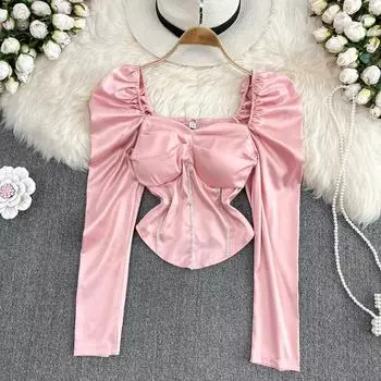 Высококачественный темпераментный квадратный воротник с бриллиантами, протекающая ключица, пышные рукава, морщинистая талия, тонкий короткий топ