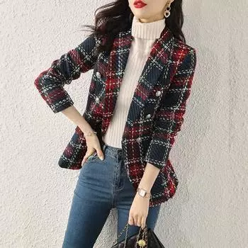 Высококачественный твидовый пиджак с небольшим ароматом, женский винтажный клетчатый короткий пиджак, модный тонкий двубортный пиджак с v-образным вырезом, женский S