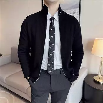 Высококачественный вязаный кардиган для мужчин, осень-зима, воротник-стойка, повседневный вязаный свитер, мужской однотонный теплый свитер, куртка для мужчин M кофейный