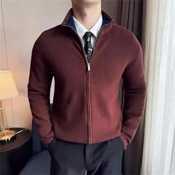 Высококачественный вязаный кардиган для мужчин, осень-зима, воротник-стойка, повседневный вязаный свитер, мужской однотонный теплый свитер, куртка для мужчин M чёрный