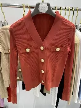 Высококачественный женский кардиган на осень и зиму, тонкий и приталенный, с длинными рукавами, V-образным вырезом, с высокой эластичностью. S синий