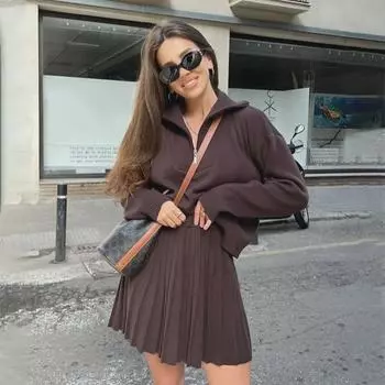 Высококачественный женский костюм-двойка с застежкой-молнией и плиссированной юбкой в стиле знаменитостей - весна/осень Small армия зеленый