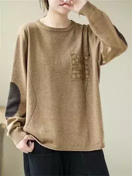 Высококачественный женский свитер зима осень мода ажурный пэчворк шикарный прочный локоть длинный рукав винтажный трикотаж повседневный топ One Size