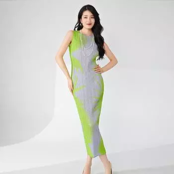 Высококлассная женская одежда, новое плиссированное платье, модный принт, темперамент без рукавов, элегантная длинная юбка на один шаг. One Size оранжевый