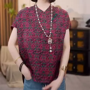 Высококлассные летние модели 2025 года с фиолетовым воротником-стойкой, темпераментная вышитая универсальная блузка для женщин M [Recommended below 50kg]