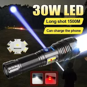 Высокомощный светодиодный фонарик 30 Вт, супер яркий фонарик, водонепроницаемая лампа, перезаряжаемый фонарик, уличный фонарь для кемпинга no battery чёрный