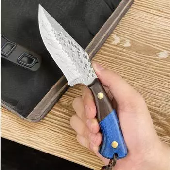 Высокопрочный кованый уличный нож с лезвием Blaze Grain, высококачественной синей деревянной ручкой, нож для разделки мяса, нож для разделки мяса