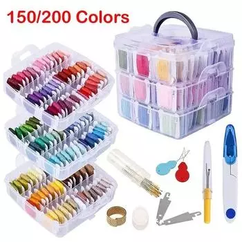 Высокопрочный набор ниток для вышивания, 150/200 цветов, нитки для вышивания крестиком с нитками для ниток и ножницами, наперсток, ящик для инструментов для вышивки крестиком 150 Colors разноцветный