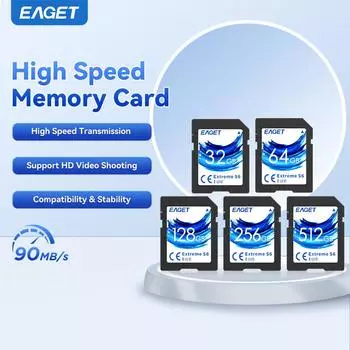 Высокоскоростная карта памяти SD EAGET 512 ГБ/256 ГБ/128 ГБ/64 ГБ/32 ГБ- 90 МБ/с C10, U1, Full HD, карта памяти SD для камеры 32G