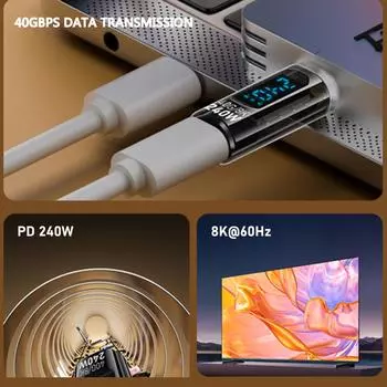 Высокоскоростной адаптер USB C - USB C со светодиодным дисплеем, мощностью 240 Вт, передачей данных 40 Гбит/с, синхронизацией данных, разъемом OTG 3