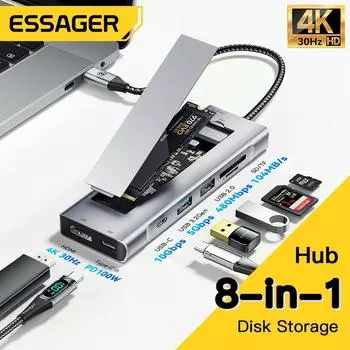 Высокоскоростной USB-концентратор Essager 8-в-1 с дисковым хранилищем PD100W USB Type-c к HDMI-совместимой док-станции для ноутбука для телефона и ноутбука темно-серого
