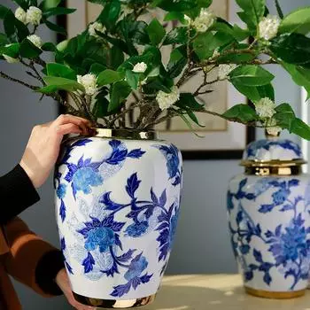 Высокотемпературный фарфоровый рельеф с синим и белым узором, расписанный вручную, ваза для гостиной, фарфоровые украшения для тумбочек под телевизор в фойе