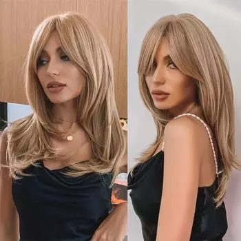 Высокотемпературный градиентный золотистый микрообъемный восьмисимвольный челка волокно парик для женщин волосы хвост 55cm