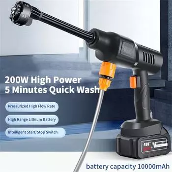 Высоковольтная литиевая батарея 200 Вт/48 В Беспроводная автомобильная стиральная машина Водяной пистолет Бытовая многофункциональная автомобильная стиральная машина Перезаряжаемая 48HV+ Tool Box чёрный