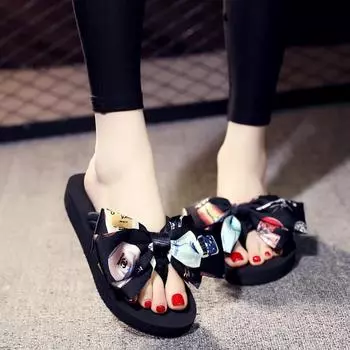 Высота каблука 3 см. Женские летние модные пляжные шлепанцы с бантом. Шлепанцы на платформе. 35