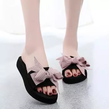 Высота каблука 3 см. Женские летние туфли на платформе. Модные однорядные босоножки на высоком каблуке с бантом. Цветочные шлепанцы. 35 чёрный