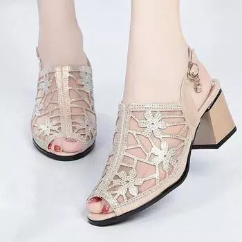 Высота каблука 5–8 см. Босоножки для женщин на высоких каблуках, с сетчатой подкладкой, на нескользящем толстом каблуке и босоножках с выпуклым «рыбим ртом». 35 золотой