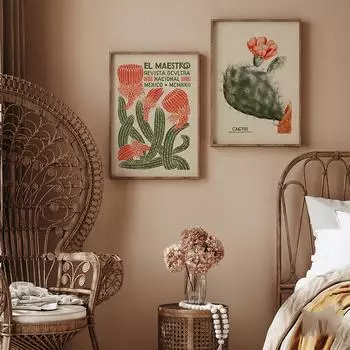 Выставка Винтажные цветочные кактусы Плакаты и принты Картина на холсте Мексиканское настенное искусство Декоративная картина Главная Гостиная Декабрь 21x30cm No Framed