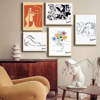 Выставочный постер Пикассо, линия, птица, кошка, комплект цветов, холст, картина, абстрактная галерея поцелуя, ретро, настенная художественная картина, декор для спальни 21cm30cm NoFrame