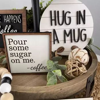 Вывеска для кофейного бара, фермерский дом, многоуровневое украшение для подноса, мини-кофейная чашка, деревенские деревянные бусины, гирлянды для кухонной полки