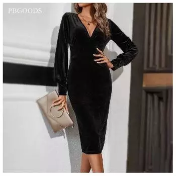 VЖенское черное бархатное платье с длинными рукавами, воротником и S чёрный