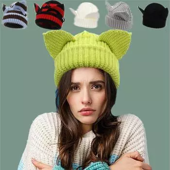 Взрослая шапка-пуловер женская шапка с ушками дьявола утолщенная вязаная шапка зимняя новая термошапка TEMU горячая распродажа average size