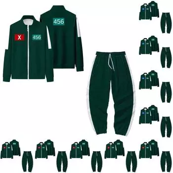 Взрослые модные принтованные длинные рукава молнии свободные толстовки куртка повседневные брюки комплект L армия зеленый