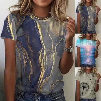 Взрослые модные женские топы с круглым вырезом и короткими рукавами, футболка с принтом, свободная блузка XXXL синий