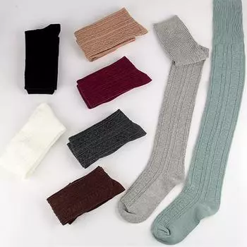 Взрослые женщины вязаные однотонные гольфы хлопковые модные длинные чулки кофейный