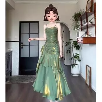 Взрослый подарок зеленое платье ниша подтяжки длинное платье для женщин L зелёный