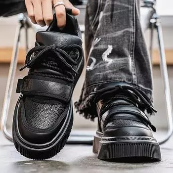 Взрыв знаменитостей в Интернете, мужская обувь на липучках 2025 года, весна, новые удобные повседневные мужские туфли из кожи с мягкой подошвой, обувь Zhongbang 39 чёрный