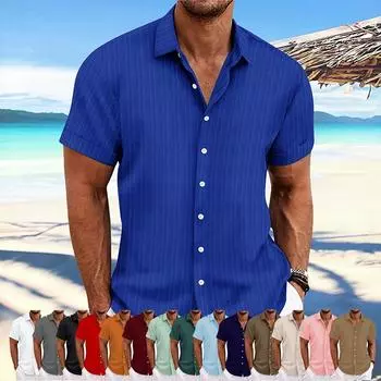 Взрывная мужская льняная полосатая жаккардовая повседневная модная свободная рубашка с короткими рукавами XXXL