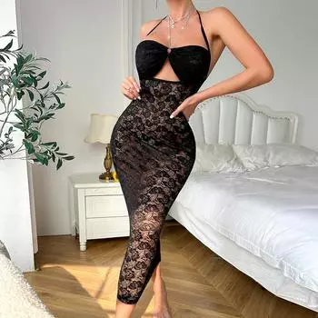 Взрывное кружево сексуальное перспективное сексуальное платье с вырезом на шее комплект длинный внешний халат S