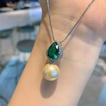 Взрывное серебряное ожерелье S925 с изумрудами, серьги из светло-желтого ракушечного жемчуга, комплект из двух предметов, серьги-гвоздики с имитацией пресноводного жемчуга