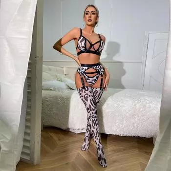 Взрывной леопардовый принт, ажурный соблазн, эротический комплект нижнего белья из четырех предметов с высокими носками, чувство силы S