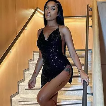 Взрывной уличный стиль сексуальный открытая спина полые висячие шеи открывающие фигуру короткие женские платья S абрикосовый