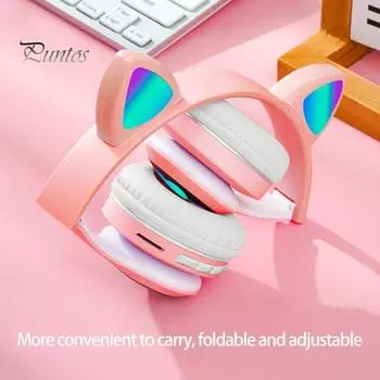 VZV-23M Беспроводные наушники Симпатичные кошачьи уши Стерео объемный цвет Красочный свет HD-совместимая складная Bluetooth-совместимая светящаяся гарнитура 5.0 для звонков розовый